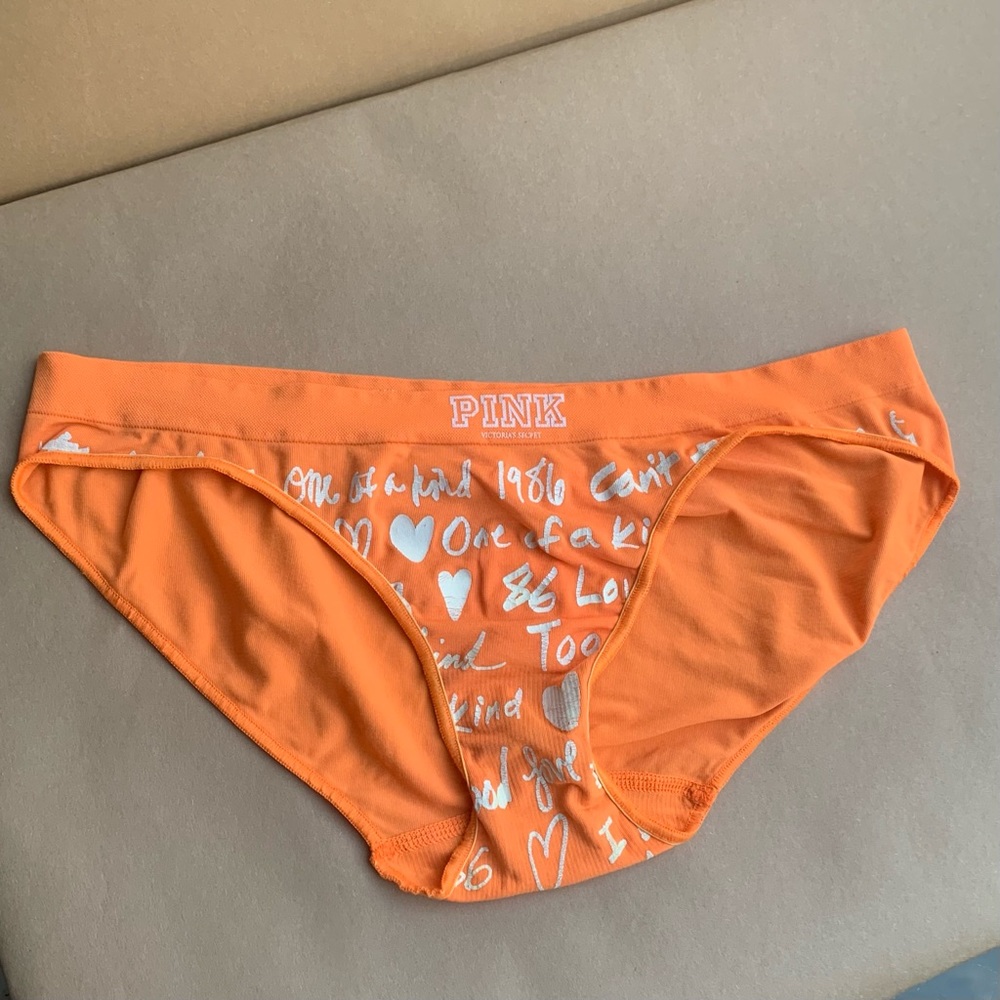 Vintage Victorias Secret VS PINK Yoga Panty Orange Script Bikini MED Flaws